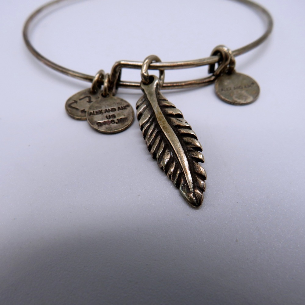 Alex and Ani Feather Charm Expandable Bangle Bracelet Rafaelian Silver Tone